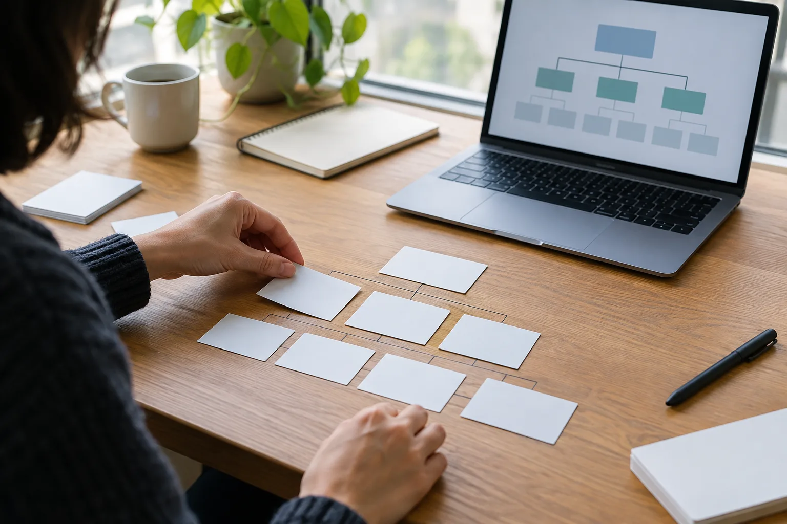 Des fiches vierges disposées en niveaux pour représenter l’organisation d’un site.