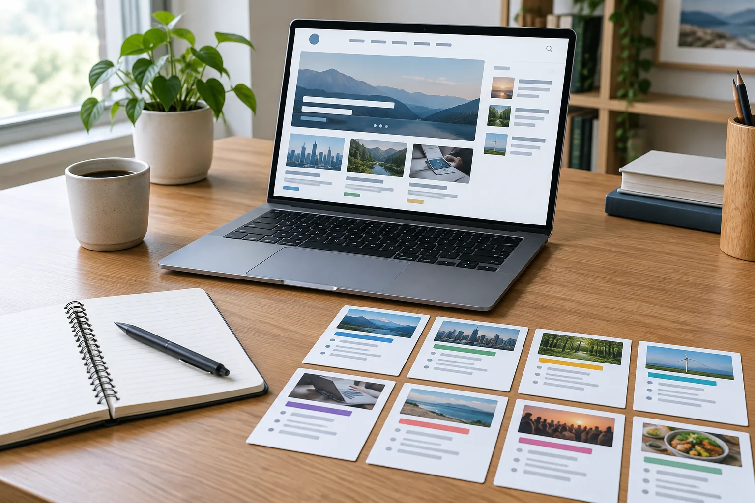 Ordinateur et cartes de sujets disposés sur un bureau pour organiser un site média.