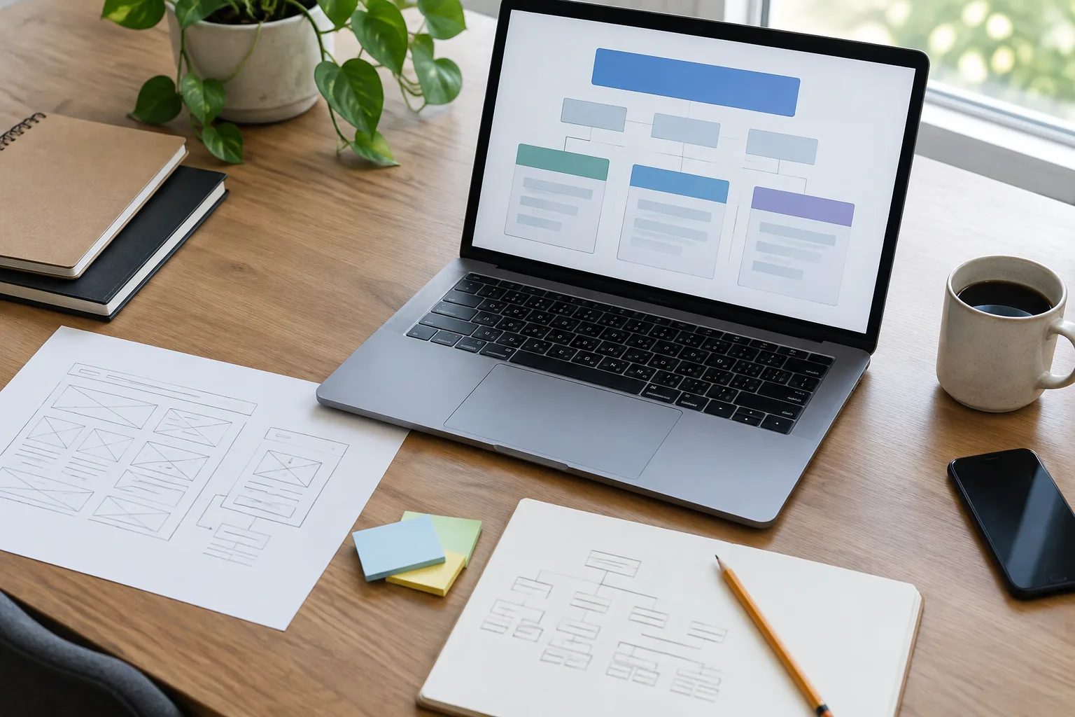 Ordinateur et notes utilisés pour organiser les pages d’un site web.