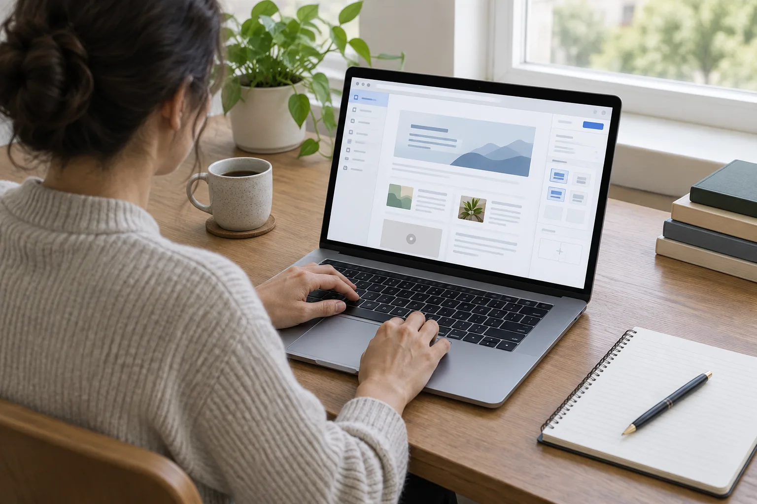 Espace de travail avec un ordinateur affichant une interface de publication de contenu web.