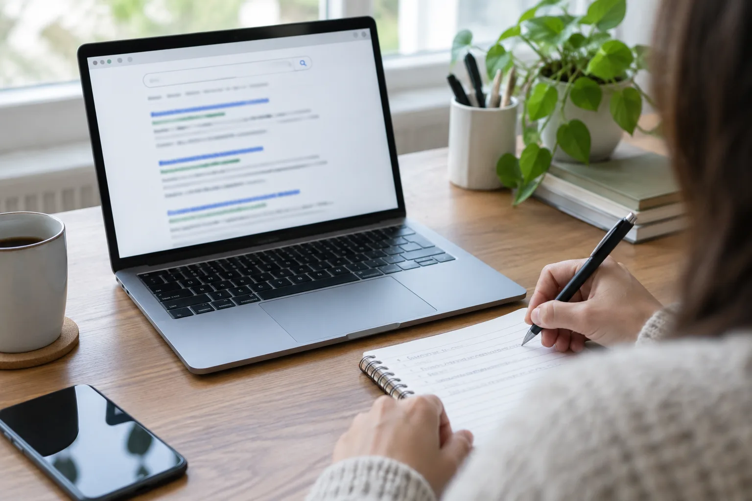 Des notes prises à côté d’un ordinateur affichant une page de résultats de recherche floutée.