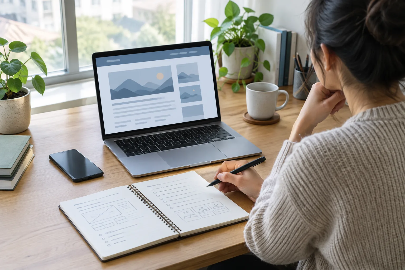 Un ordinateur portable et un carnet posés sur un bureau de travail éditorial.