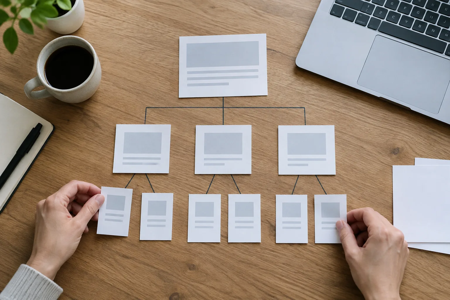 Des cartes vierges reliées entre elles représentent l’organisation des contenus d’un site.