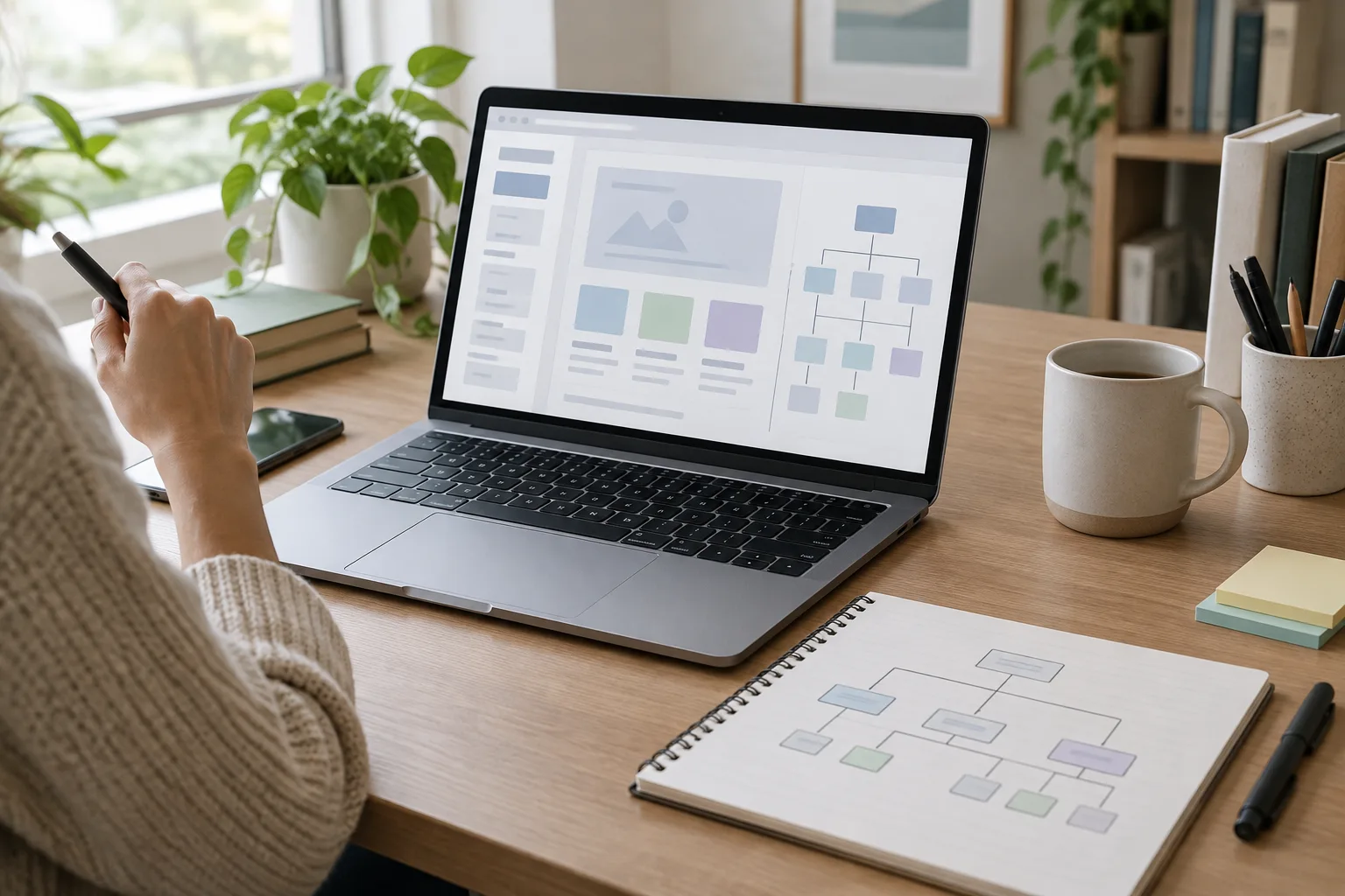 Ordinateur portable et plan de site posés sur un bureau de travail.