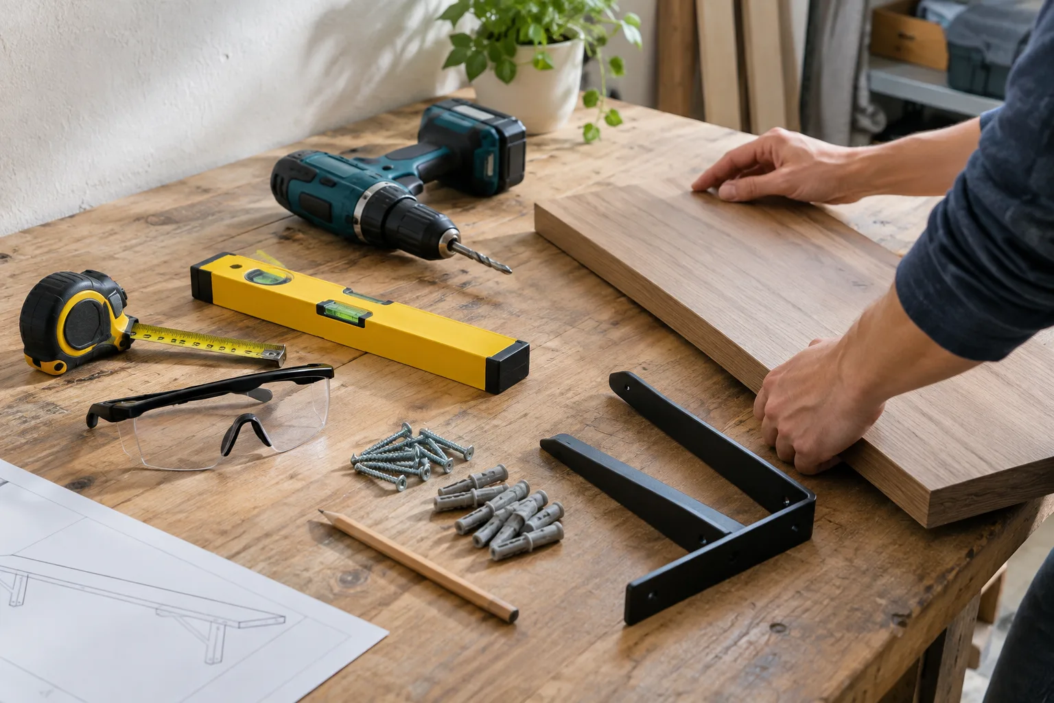 Des outils et des fixations disposés sur un établi avant la pose d’une étagère.