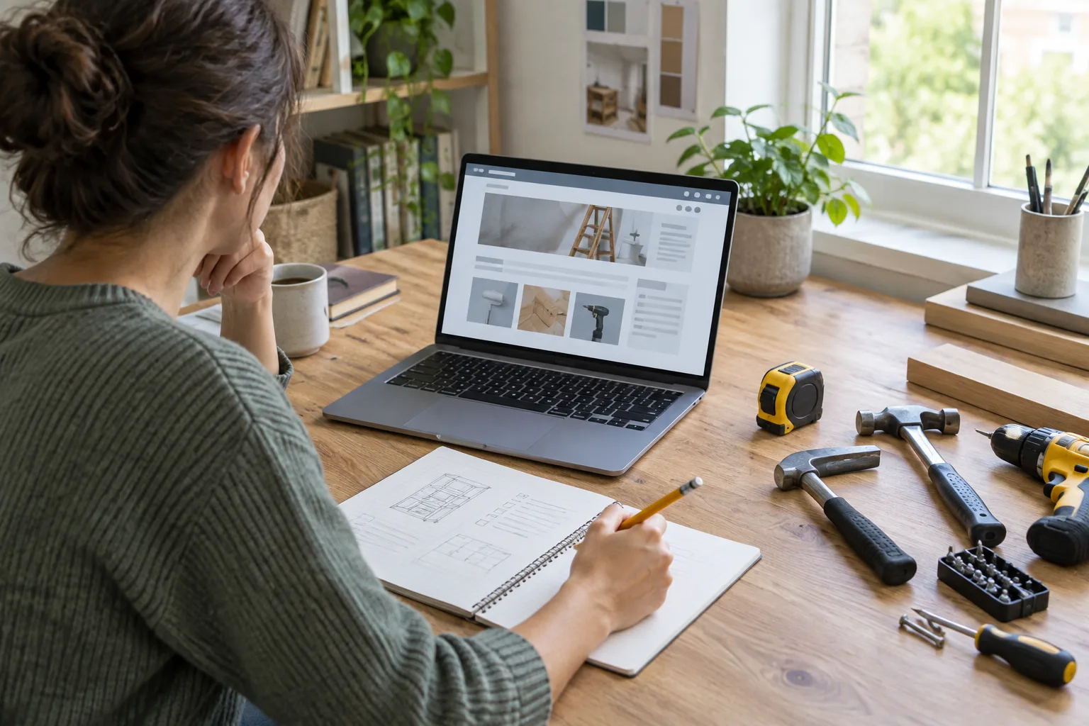 Un ordinateur et des outils de bricolage réunis sur un bureau de préparation éditoriale.