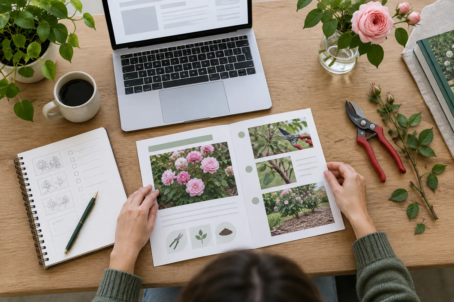 Ordinateur et carnet de planification posés près d’outils de taille pour rosiers.