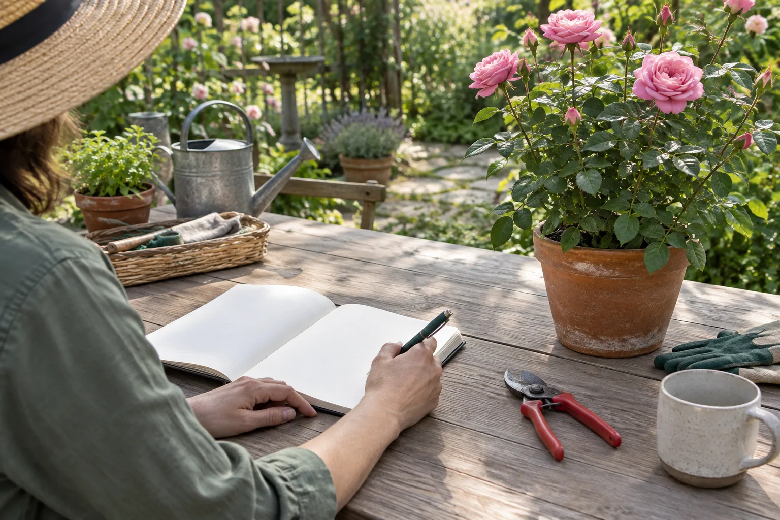 Carnet de jardinage ouvert près d’un rosier et d’un sécateur.