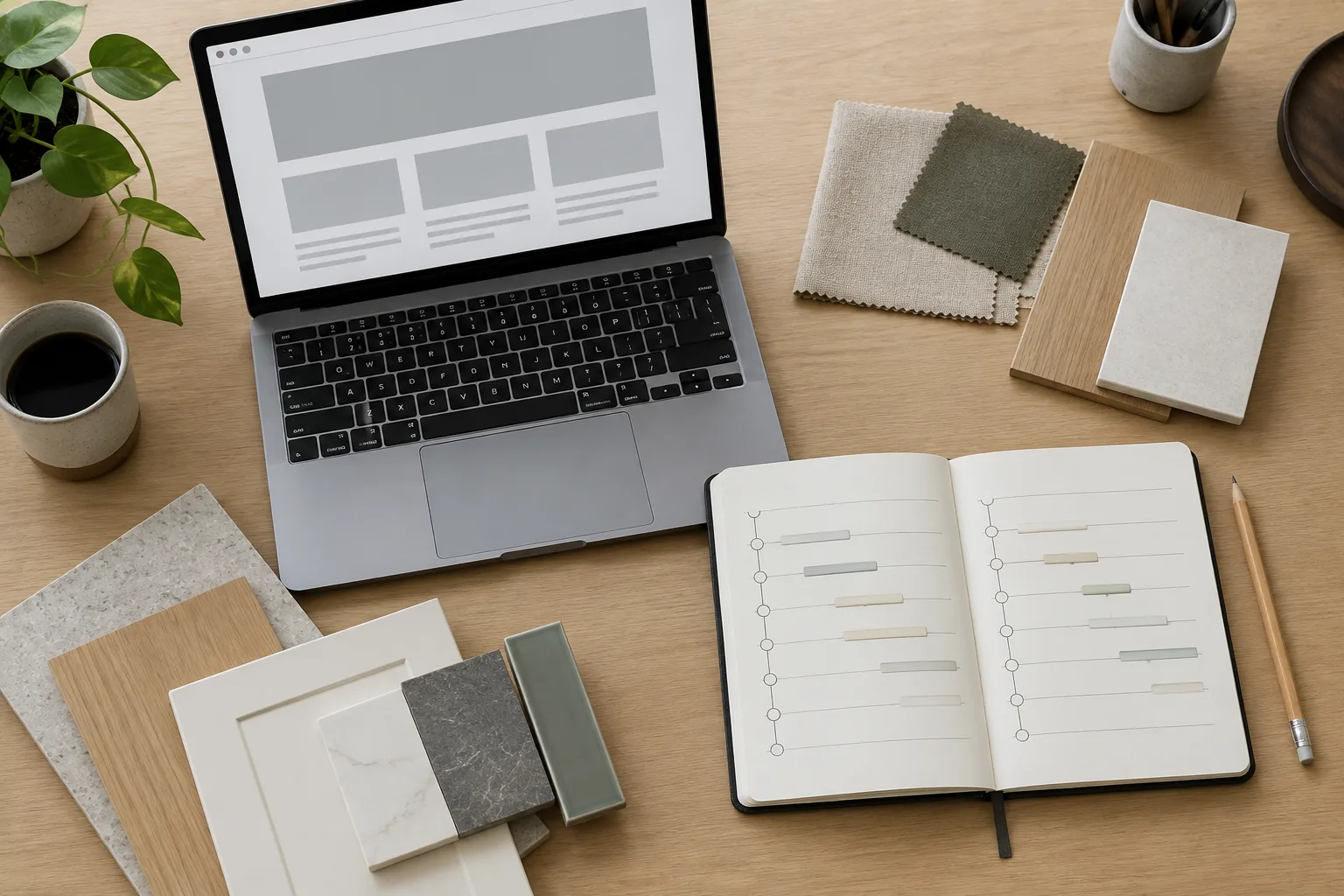 Ordinateur affichant une maquette de page à côté d’un carnet et d’échantillons de cuisine.