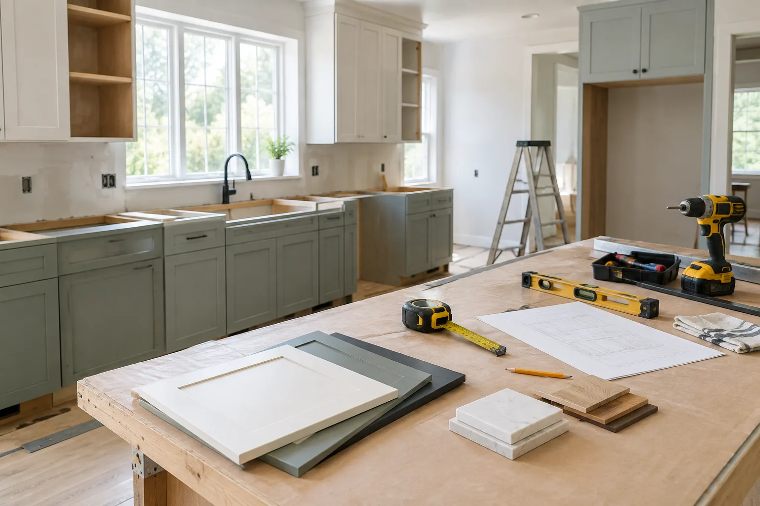 Échantillons de matériaux et outils posés dans une cuisine en cours de rénovation.