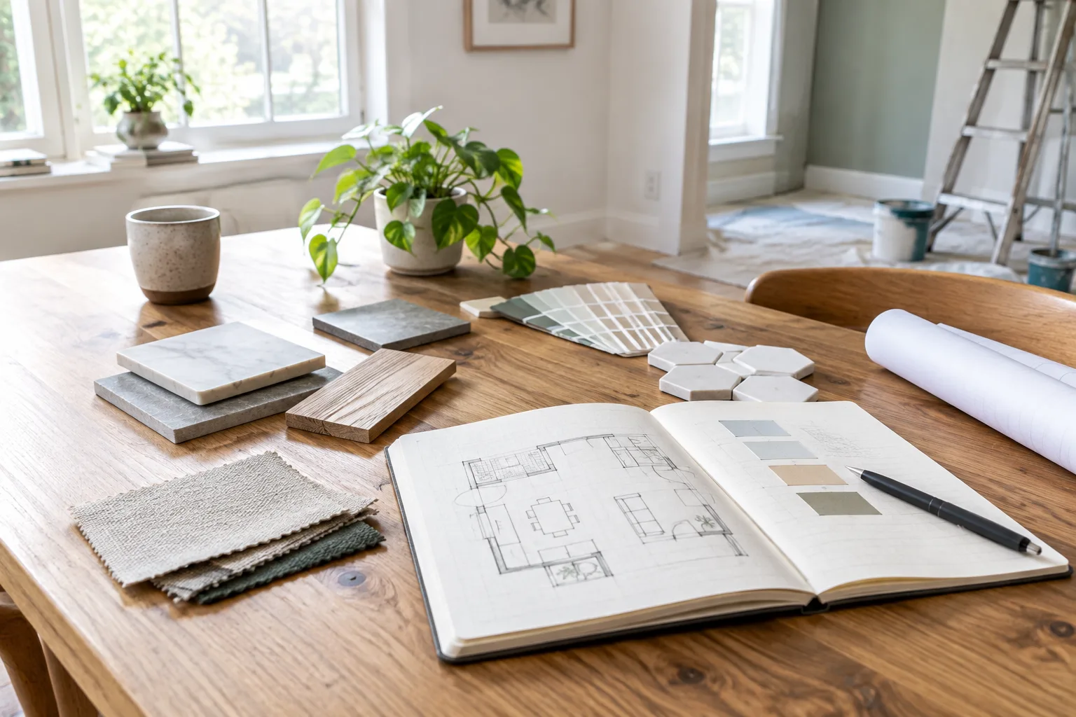 Carnet de préparation et échantillons de matériaux posés sur une table dans une pièce en rénovation.