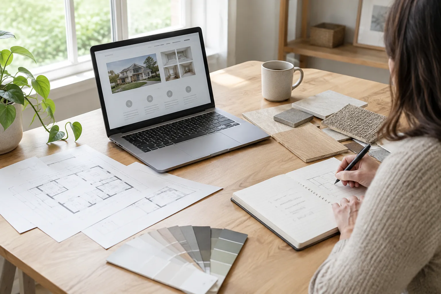 Ordinateur et plans de rénovation réunis sur un bureau pour préparer un guide travaux.