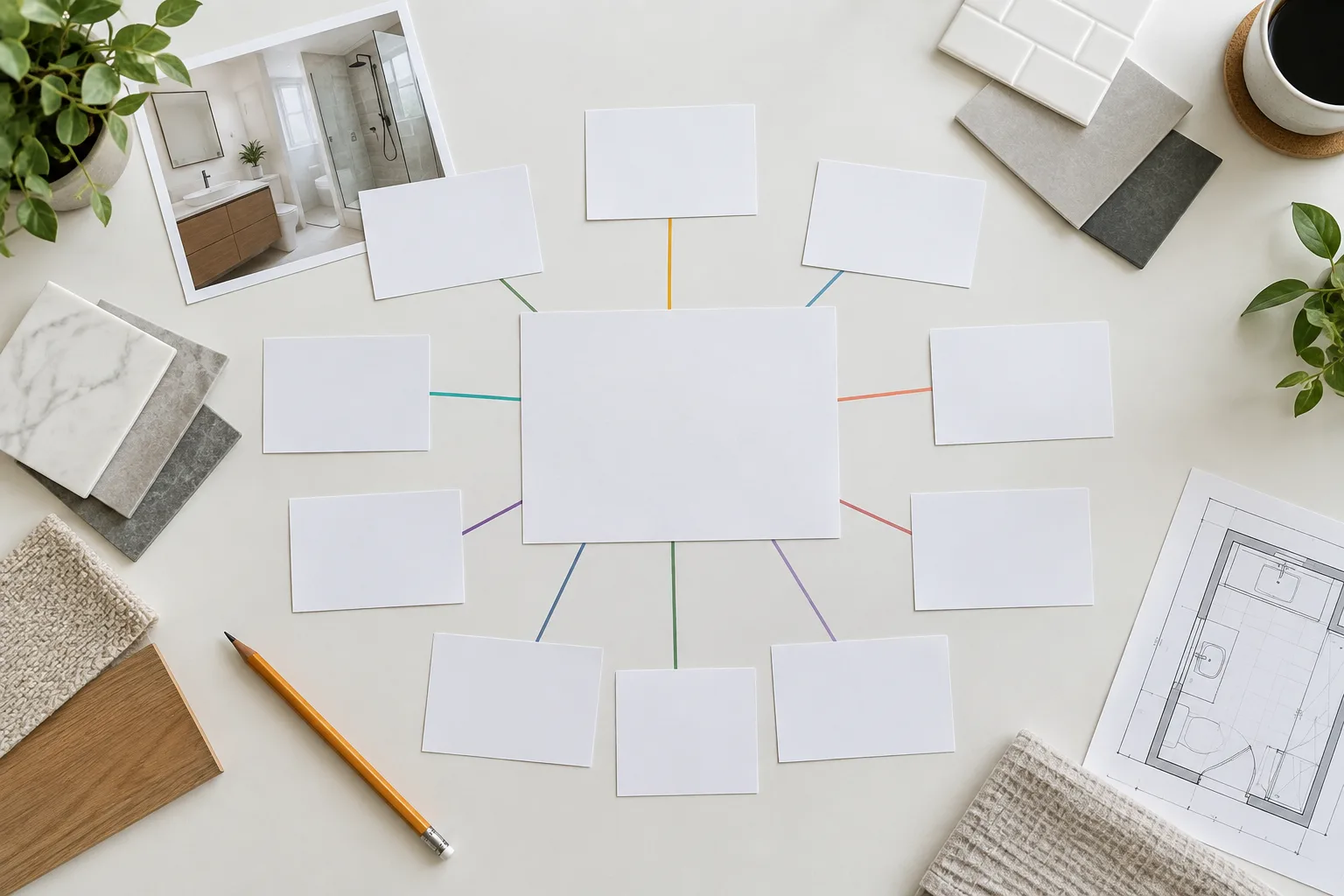 Des fiches reliées entre elles représentent l’organisation des pages d’un guide de rénovation.