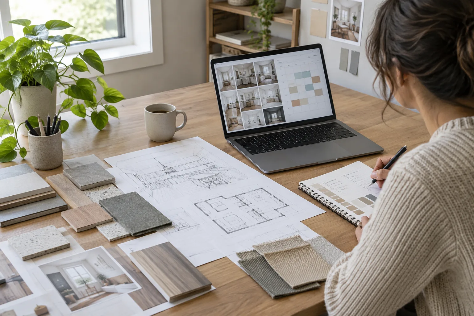 Un ordinateur et des notes de travail pour organiser des contenus consacrés à la rénovation.